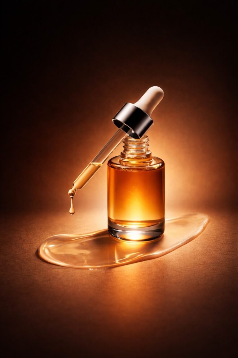 Amber serum bottle with dropper, a drop falling in warm light.