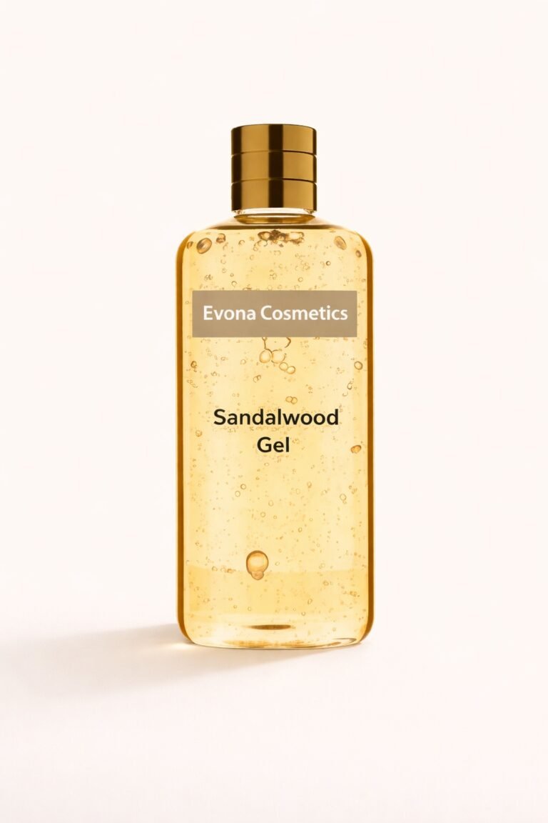 Evona sandalwood gel bottle on cream background