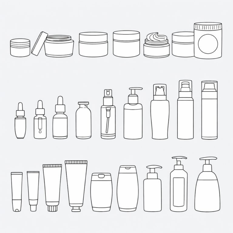 Outline icons of skincare jars, bottles, pumps, and tubes.